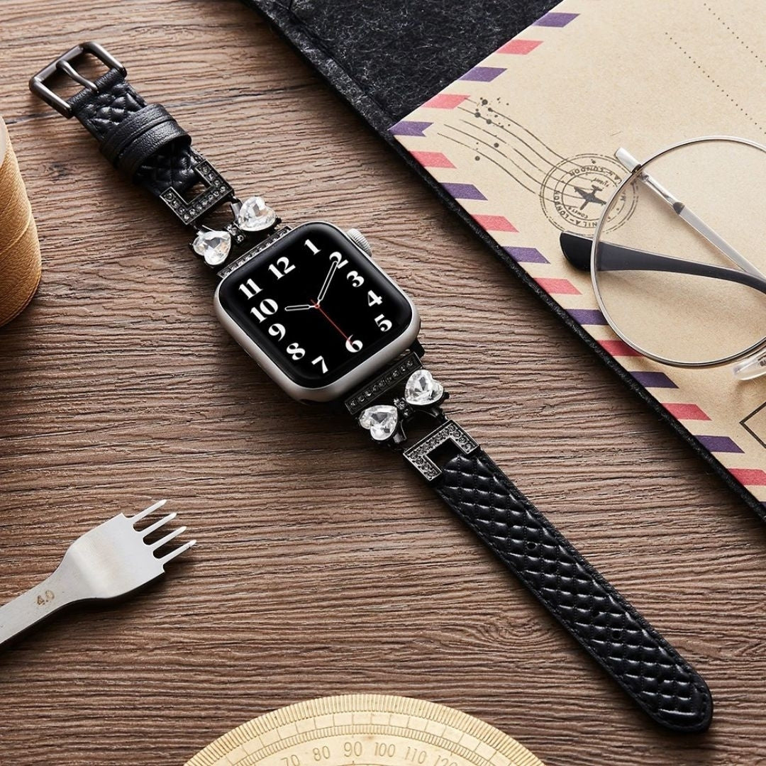 Rhinestone Bowknot Leather Watch Band