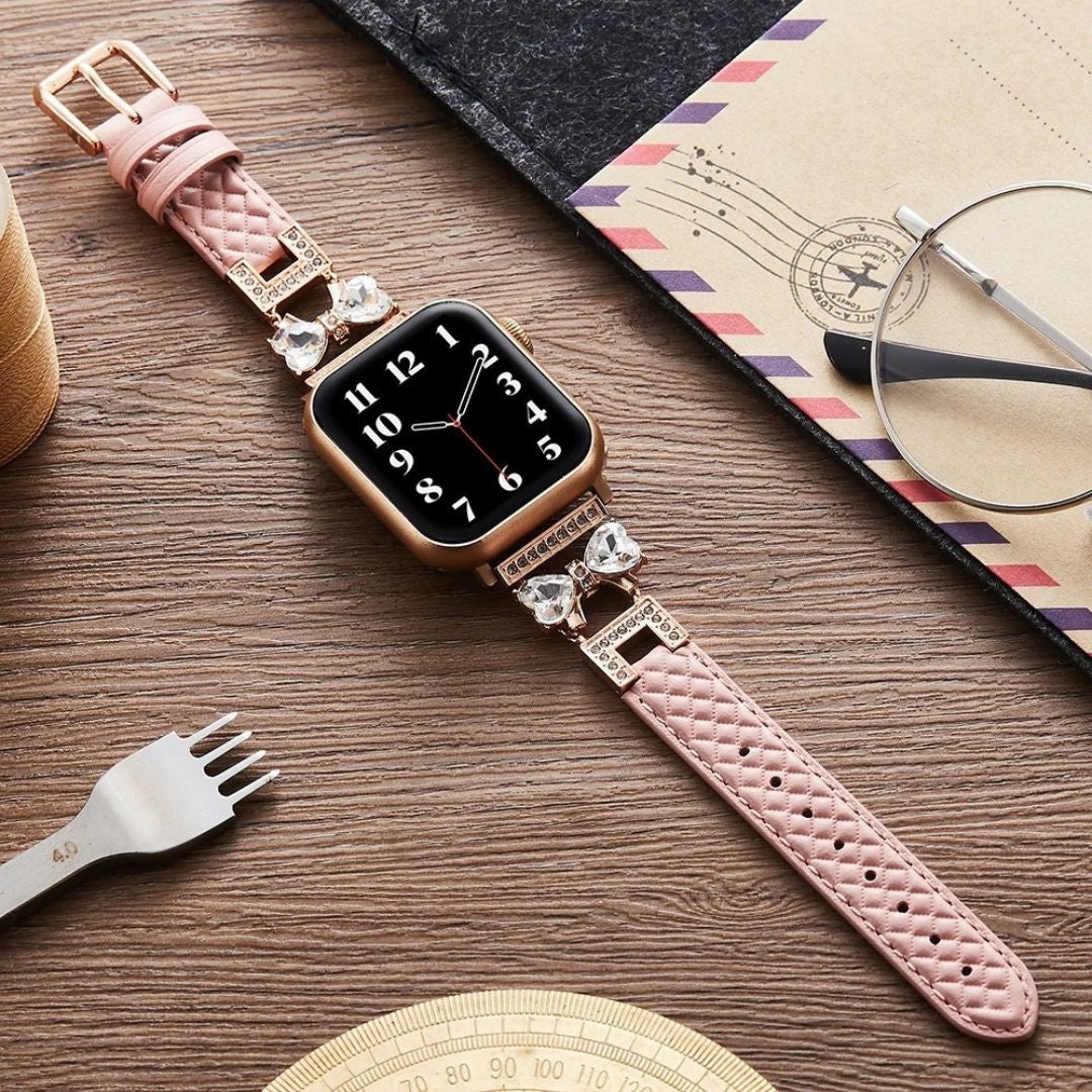 Rhinestone Bowknot Leather Watch Band